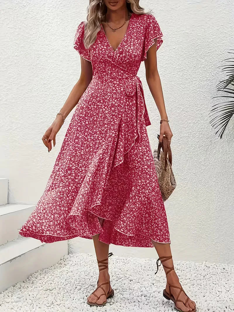 Zomerse damesjurk: wikkeljurk met vrolijke bloemenprint en comfortabele pasvorm.
