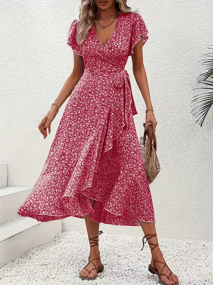 Zomerse damesjurk: wikkeljurk met vrolijke bloemenprint en comfortabele pasvorm.