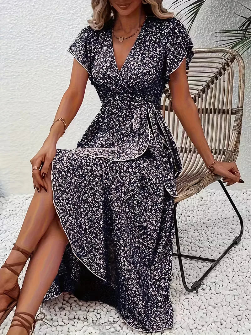 Midi wikkeljurk met bloemenprint en korte mouwen, de ultieme zomerse look voor dames.