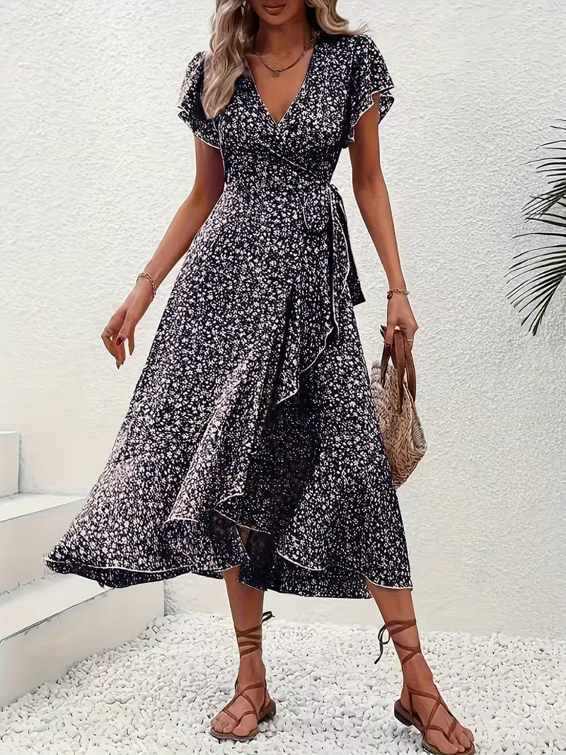 Dames wikkeljurk met bloemenprint, een veelzijdige zomerjurk met boho flair.