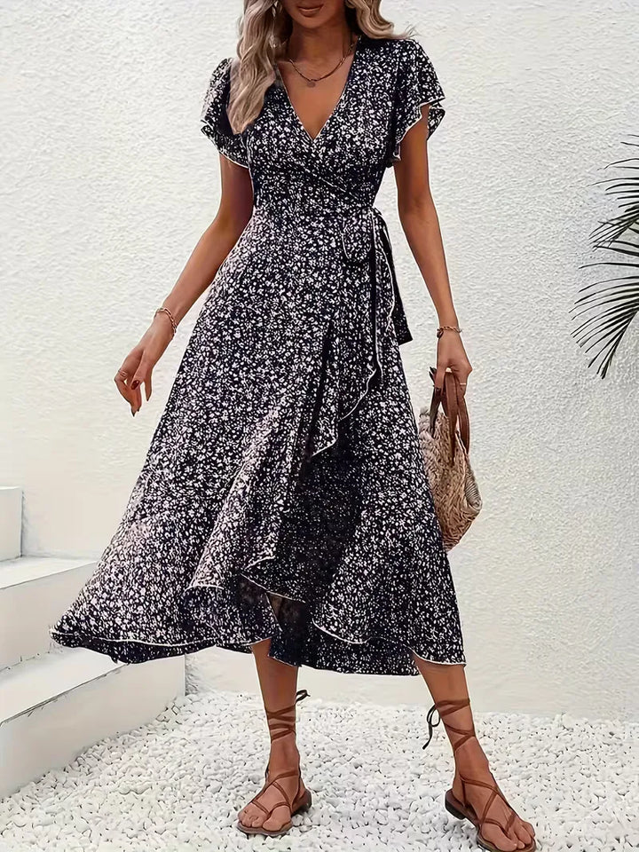 Dames wikkeljurk met bloemenprint, een veelzijdige zomerjurk met boho flair.