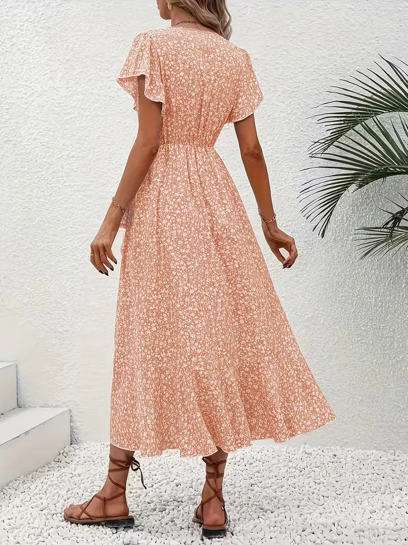Casual damesjurk: bloemenprint wikkeljurk in zomerse boho stijl, midi lengte.
