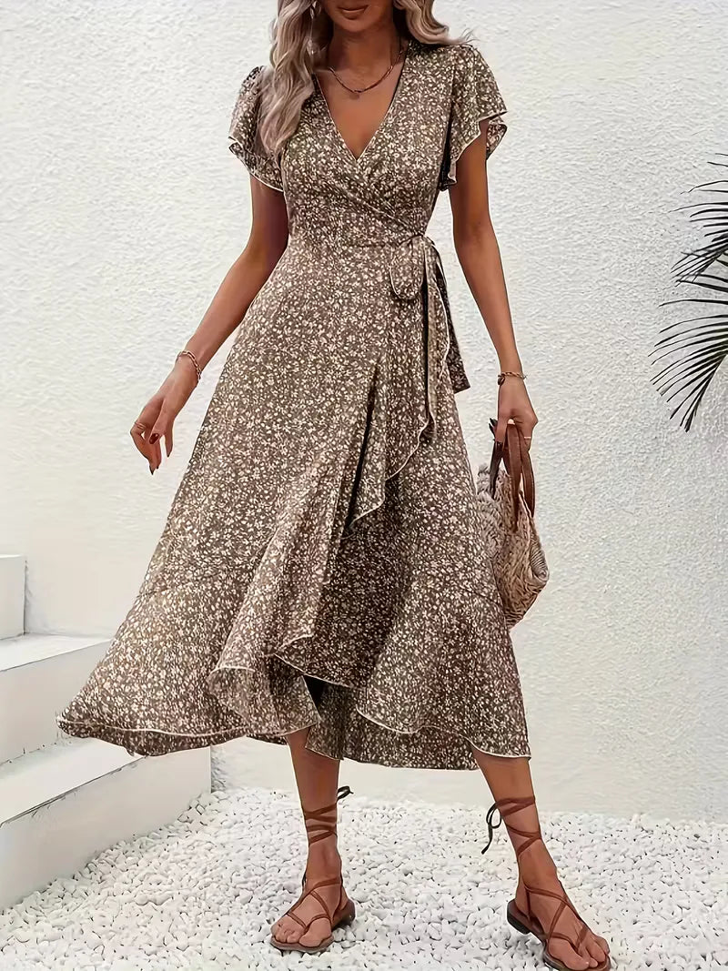 Elegante dames wikkeljurk, boho stijl, met unieke bloemenprint voor de zomer.