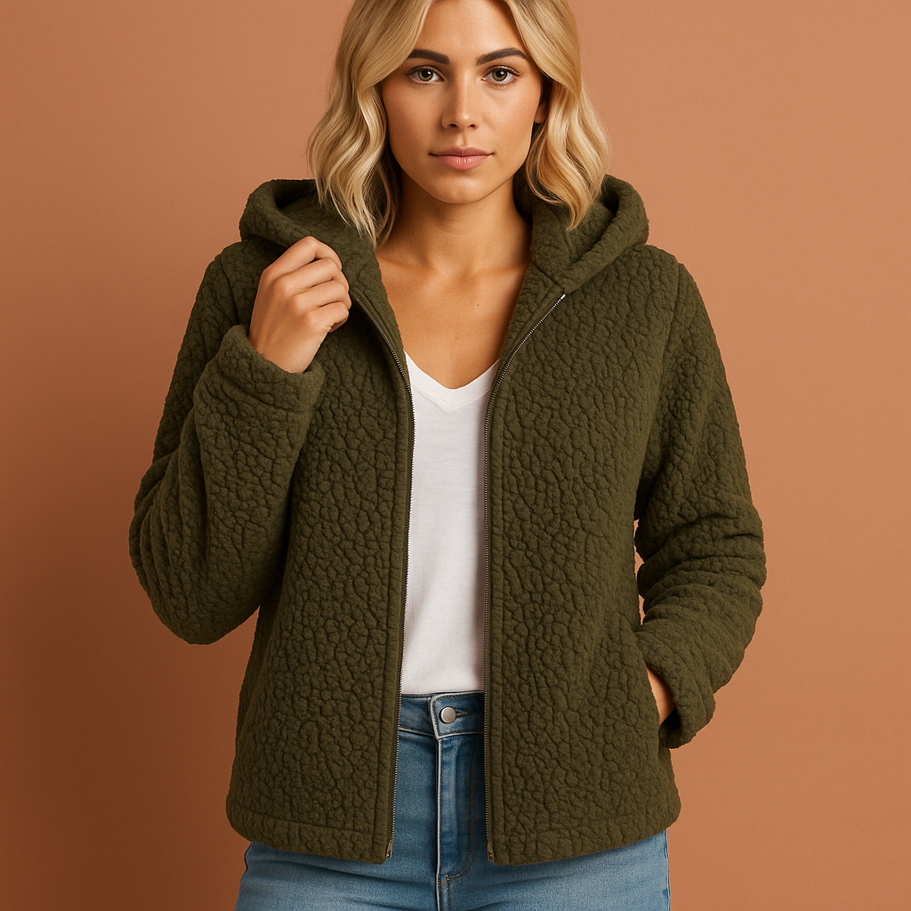 Close-up capuchon van een warm dames wintervest, biedt extra comfort en bescherming tegen kou.