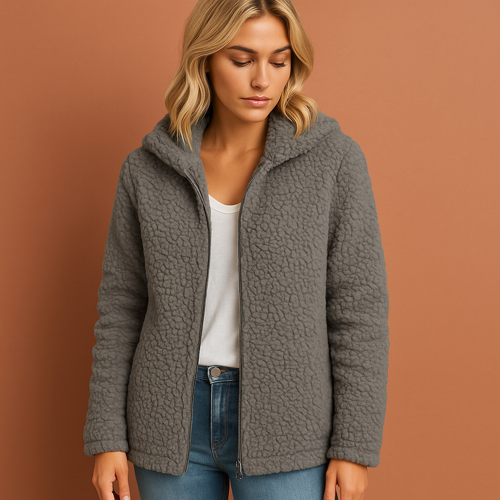 Model draagt een warm en stijlvol blauw dames wintervest met capuchon, comfortabele mode.
