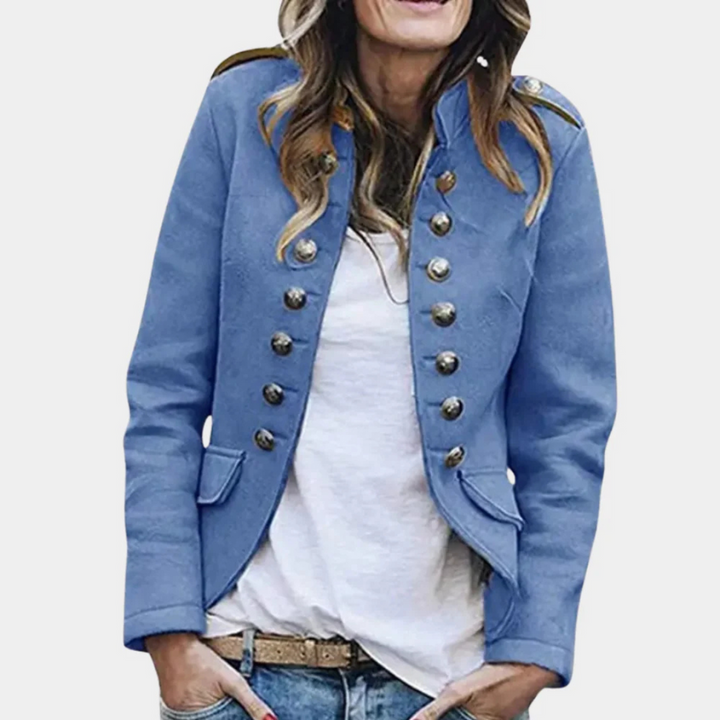 "Dames wollen jas met dubbele rij knopen in retro stijl, hoge kraag, wolmix materiaal, voor herfst en winter."