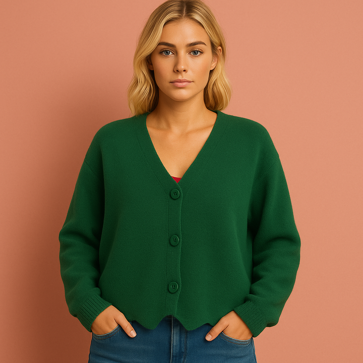 Zacht gebreid dames vest met V-hals, lange mouwen en knoopsluiting, veelzijdig en elegant.