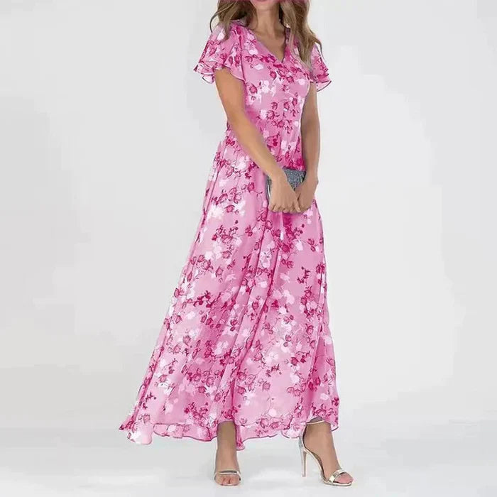 "Dames zomer bloemen maxi jurk, V-hals, korte mouwen, elegante bloemenprint op luchtige stof, perfecte zomeroutfit"