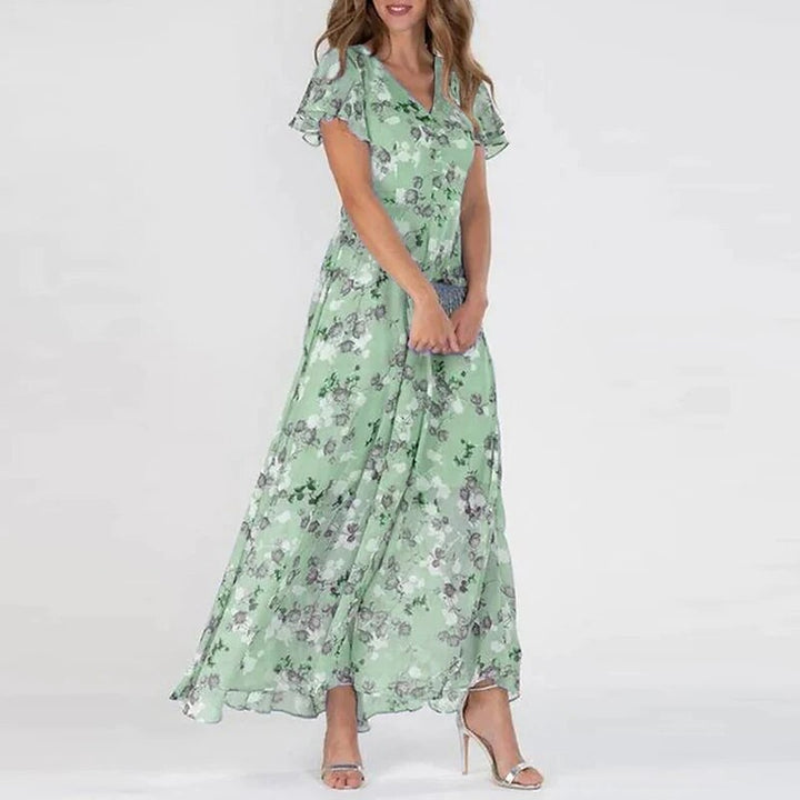 "Dames zomer bloemen maxi jurk, V-hals, korte mouwen, elegante bloemenprint op luchtige stof, perfecte zomeroutfit"