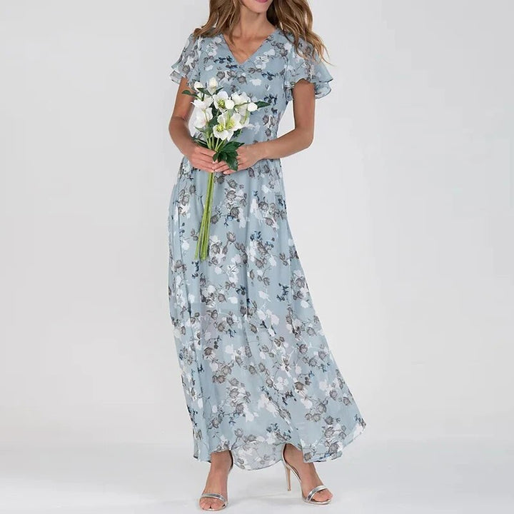 "Dames zomer bloemen maxi jurk, V-hals, korte mouwen, elegante bloemenprint op luchtige stof, perfecte zomeroutfit"