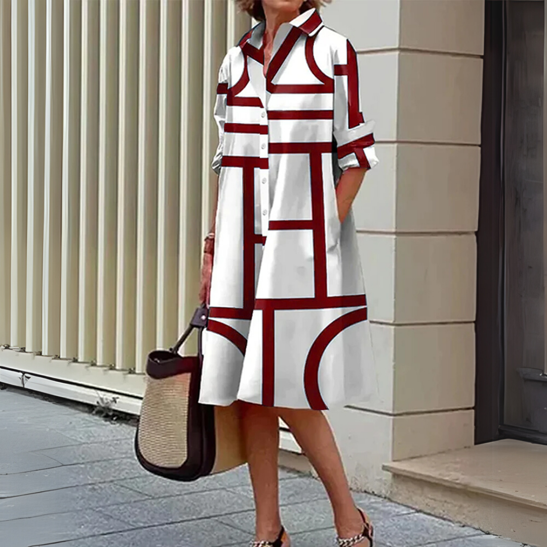 "Dames zomer midi overhemdjurk met knoopsluiting en geometrische print, stijlvol en veelzijdig, ideaal voor zomerse dagen."