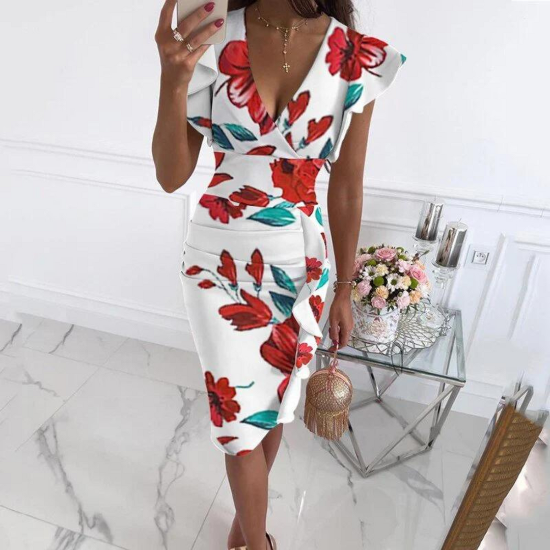 Modieuze zomerjurk voor dames, voorzien van een trendy V-hals en geplooide mouwdetails.
