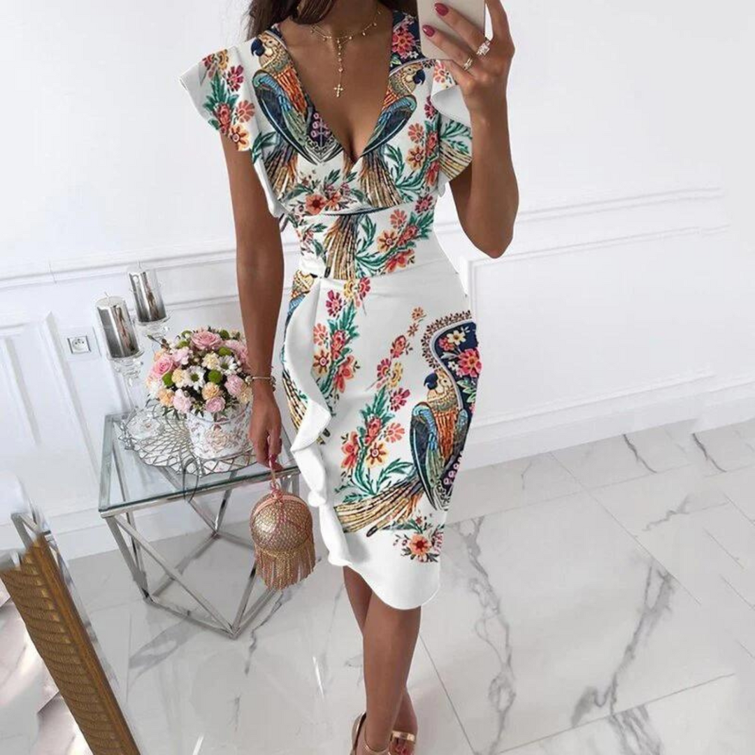 Trendy dames V-hals jurk, met charmante aangerimpelde mouwen, geschikt voor elke zomerse gelegenheid.