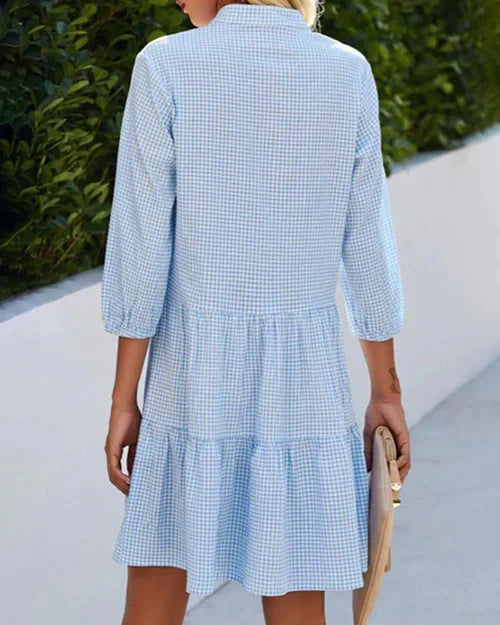 Casual elegante midi zomerjurk voor dames met ruitpatroon, 3/4 mouw en comfortabele katoenmix.