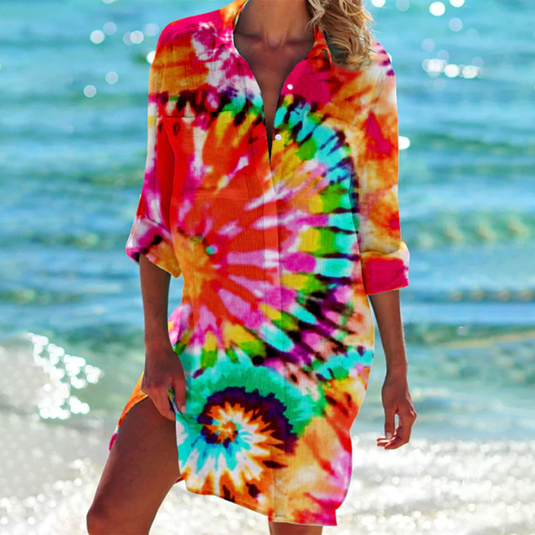 Dames zomerjurk van katoen/polyester, A-lijn, met levendig patroon. Perfect voor warme dagen en strand.