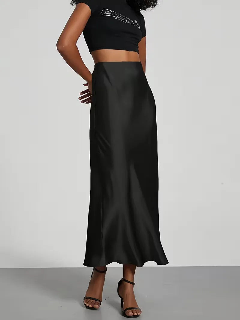 Modieuze satijnen midi rok voor dames, comfortabele hoge taille, ideaal voor smart casual.