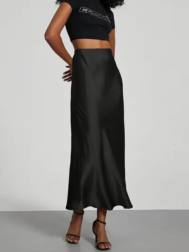 Modieuze satijnen midi rok voor dames, comfortabele hoge taille, ideaal voor smart casual.