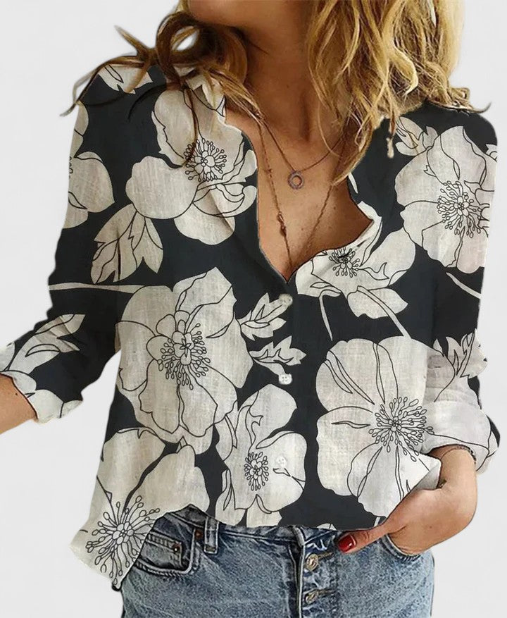 Damesblouse met lange mouwen, golvende revers, knoopsluiting, relaxed fit, veelzijdig voor casual en zakelijk.
