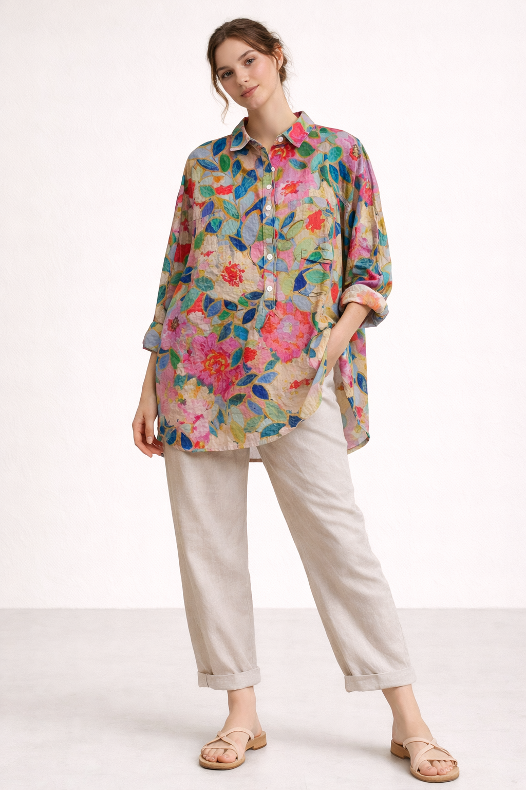 Levendige printblouse met lange mouwen voor dames, een trendy zomermotief dat perfect is voor casual draagplezier.
