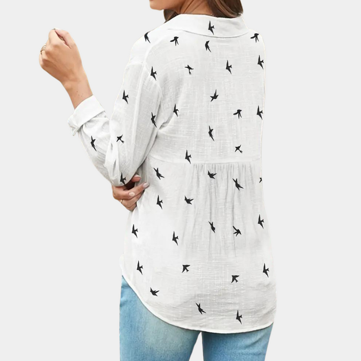 "Damesblouse met lange mouwen, zwaluwprint, luchtig en stijlvol voor veelzijdige outfits, knoopsluiting voor gemak."