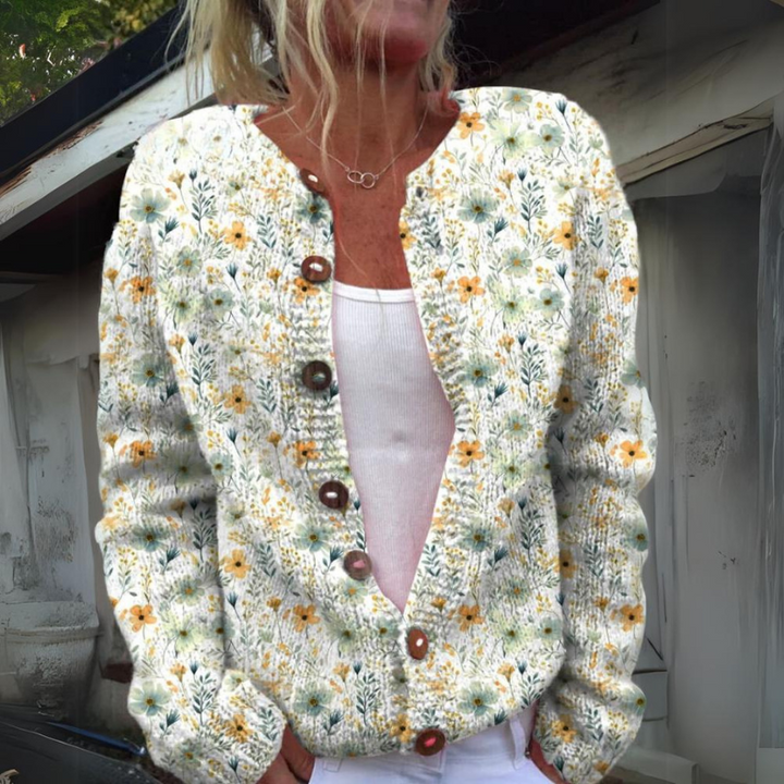 Comfortabele damescardigan met modieuze bloemenprint; veelzijdig en elegant met knoopsluiting.