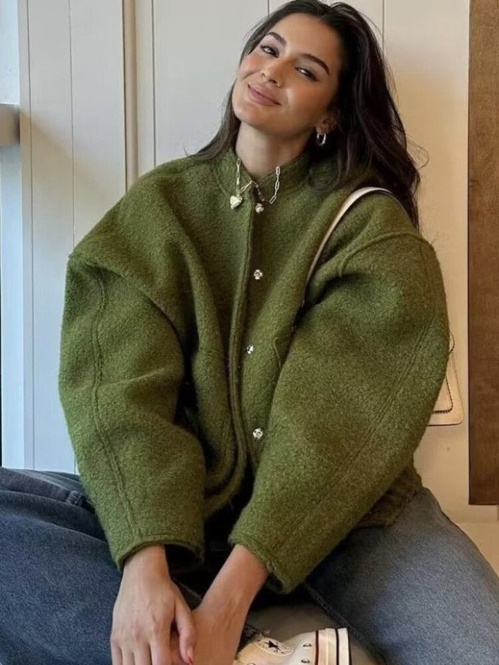 Daphne oversized jas, ronde hals, verborgen knopen, elegante jas, stijlvolle damesjas