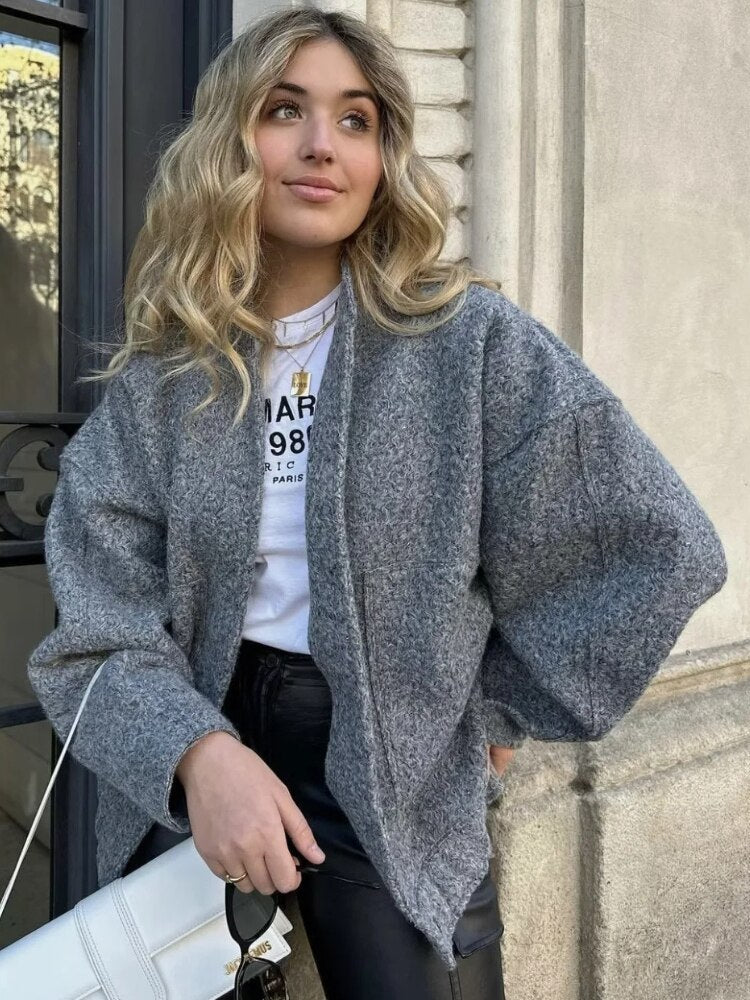 Daphne oversized jas, ronde hals, verborgen knopen, elegante jas, stijlvolle damesjas