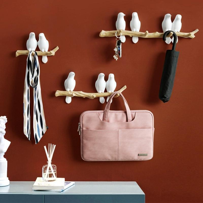 Decoratieve kapstok 'Vogels op Tak' van hars voor jassen, hoeden. Speelse muurdecoratie voor hal, kinderkamer.