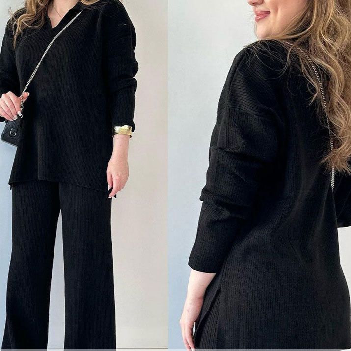 Dames loungewear set in diepblauw, oversized top en wijde broek, comfortabele pasvorm.