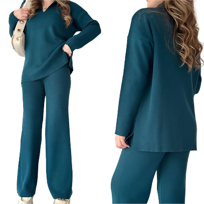 Dames loungewear set in diepblauw, oversized top en wijde broek, comfortabele pasvorm.