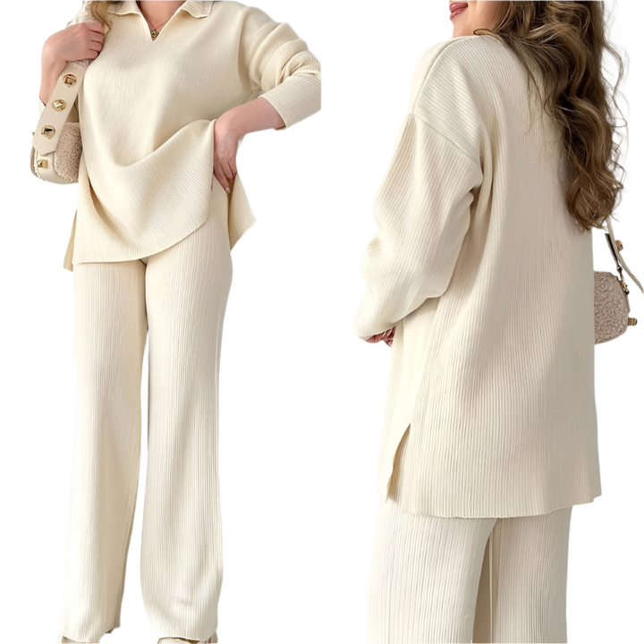 Dames loungewear set in diepblauw, oversized top en wijde broek, comfortabele pasvorm.