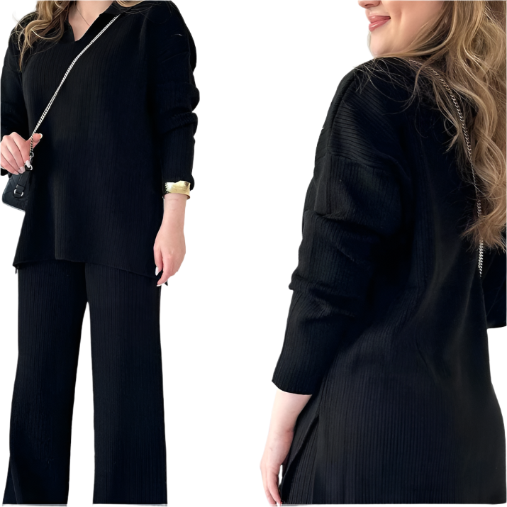 Dames loungewear set in diepblauw, oversized top en wijde broek, comfortabele pasvorm.