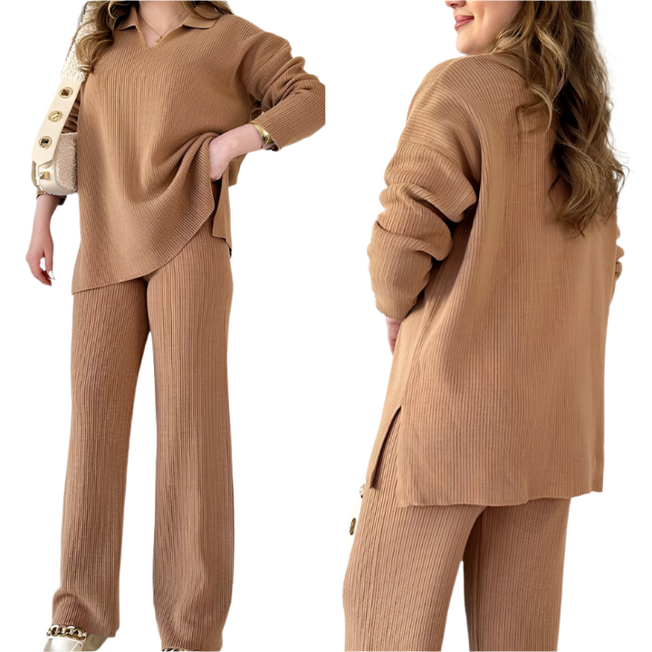 Dames loungewear set in diepblauw, oversized top en wijde broek, comfortabele pasvorm.