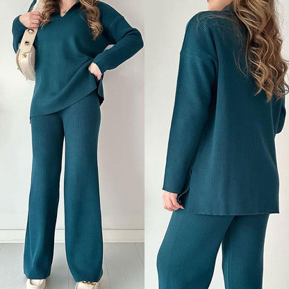 Dames loungewear set in diepblauw, oversized top en wijde broek, comfortabele pasvorm.