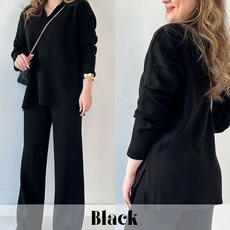 Dames loungewear set in diepblauw, oversized top en wijde broek, comfortabele pasvorm.