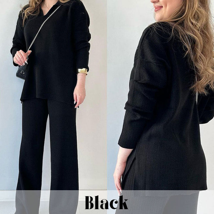 Dames loungewear set in diepblauw, oversized top en wijde broek, comfortabele pasvorm.