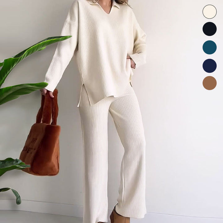 Dames loungewear set in diepblauw, oversized top en wijde broek, comfortabele pasvorm.