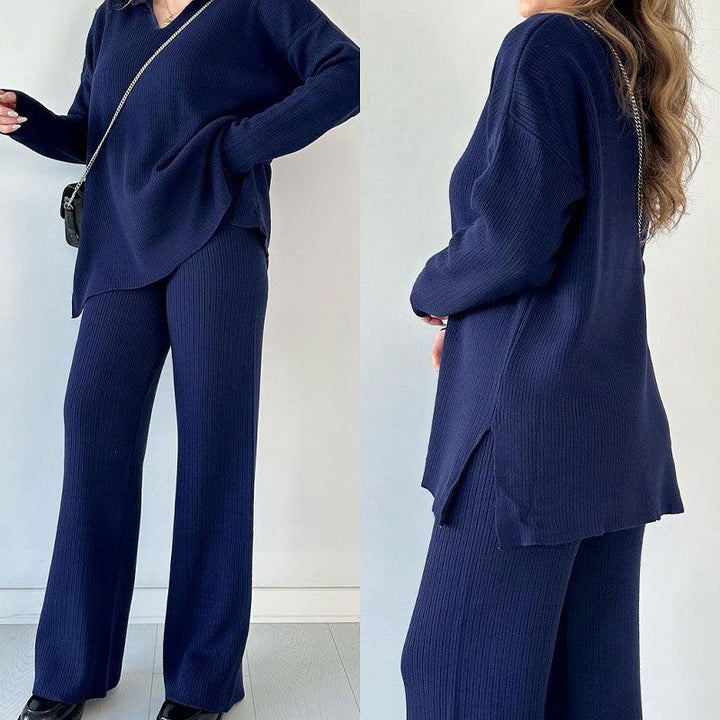 Dames loungewear set in diepblauw, oversized top en wijde broek, comfortabele pasvorm.