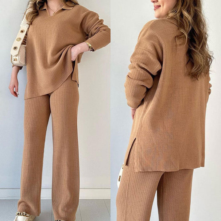 Dames loungewear set in diepblauw, oversized top en wijde broek, comfortabele pasvorm.