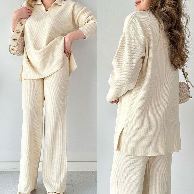 Dames loungewear set in diepblauw, oversized top en wijde broek, comfortabele pasvorm.