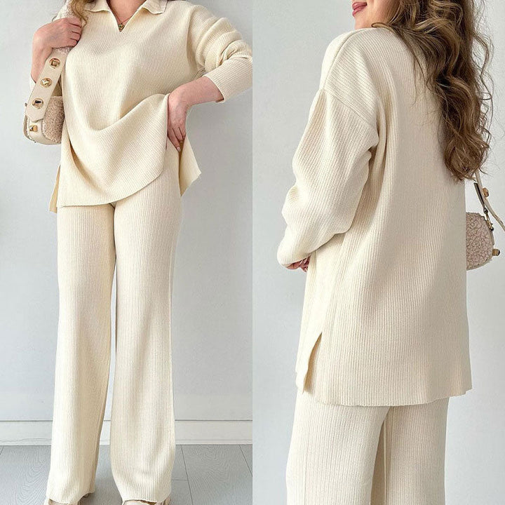Dames loungewear set in diepblauw, oversized top en wijde broek, comfortabele pasvorm.