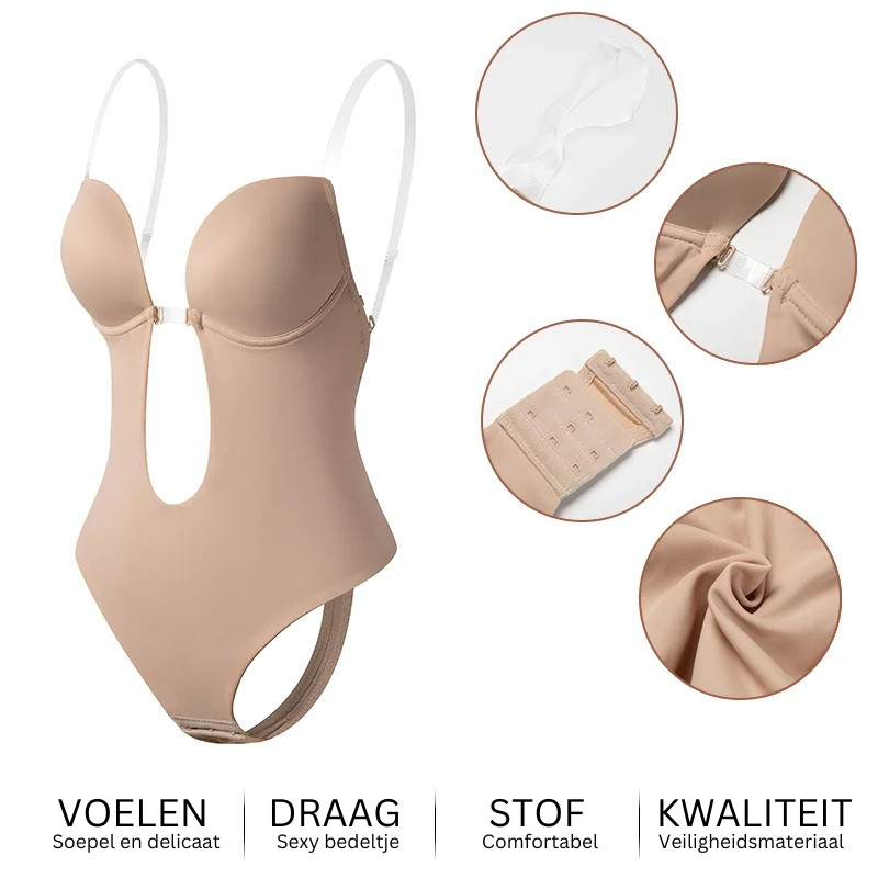 "Diepe V rugloze body shaper voor dames, naadloos en comfortabel, onzichtbaar onder kleding, open rug ontwerp, beige kleur."