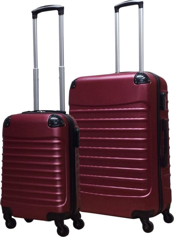 Set van dieprode harde koffers: grote reiskoffer en bijpassende handbagage koffer, duurzame bagage.