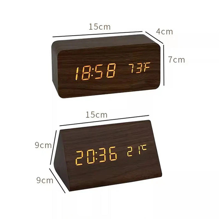 Slaapkamer LED wekker met spraakbesturing, houtlook en temperatuurweergave, modern design.