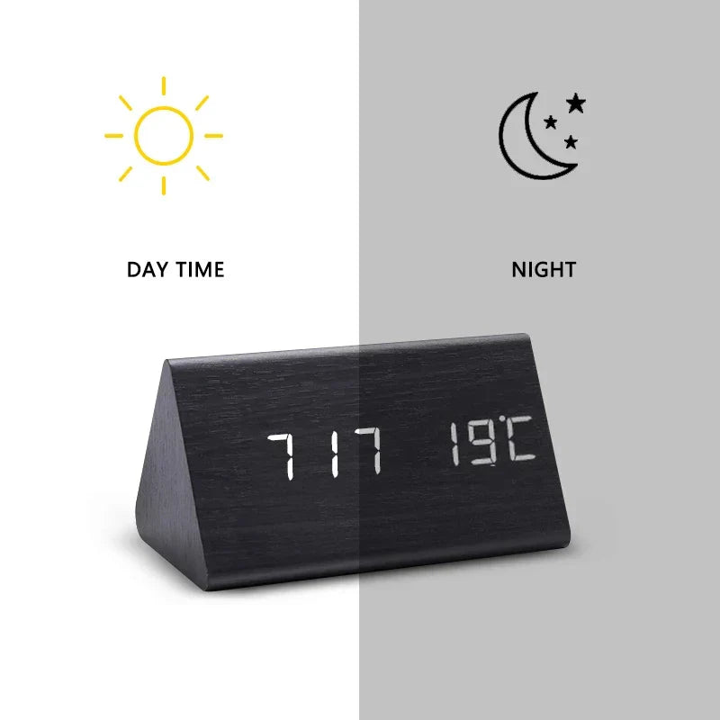 Multifunctionele wekker: houtlook, LED display, spraakbesturing, temperatuur & alarm.
