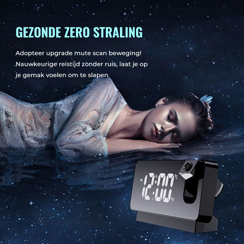 "Digitale projectiewekker zwart-wit, tijdsbeeld op muur, futuristisch ontwerp, dubbele alarmopties, USB-oplaadpoort"