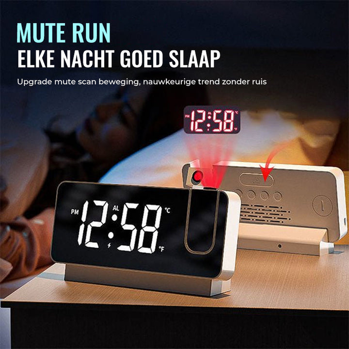 "Digitale projectiewekker zwart-wit, tijdsbeeld op muur, futuristisch ontwerp, dubbele alarmopties, USB-oplaadpoort"
