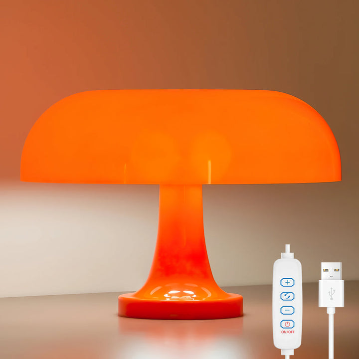 Close-up van Bauhaus design tafellamp met dimfunctie en USB-poort, ideaal voor slaapkamer of kantoor.