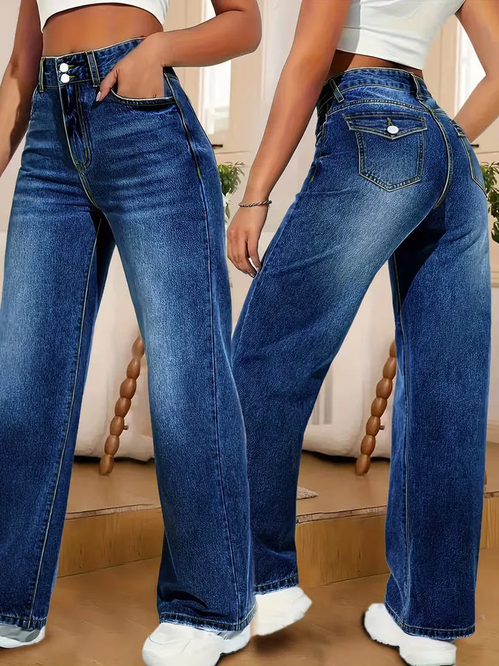 Trendy straight fit dames jeans met hoge taille in donkerblauw, ideaal voor een smart casual look.