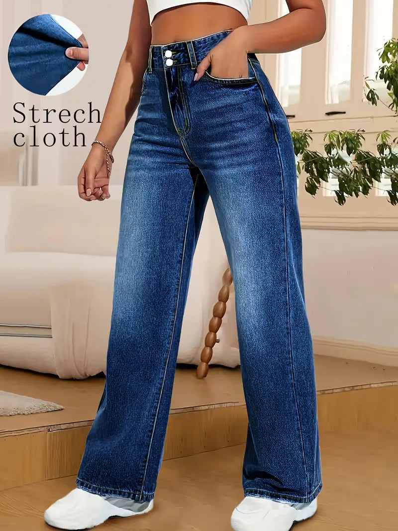 Comfortabele en trendy donkerblauwe dames jeans met hoge taille en straight fit.
